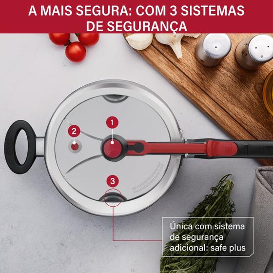 Vista superior da tampa da panela Clock Eco destacando os 3 sistemas de segurança numerados