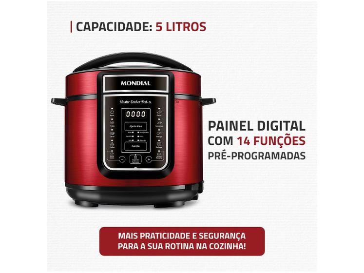 Imagem promocional destacando a capacidade de 5 litros e o painel digital com 14 funções