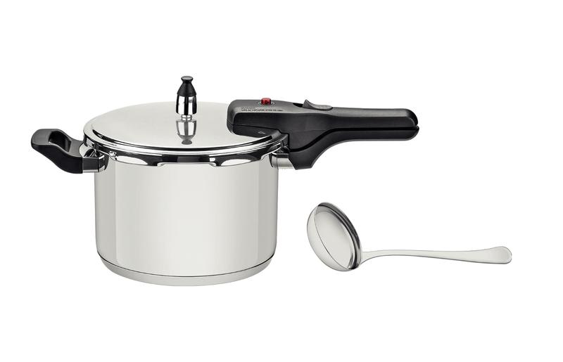 Panela de Pressão Tramontina 6,0 Litros Brava em aço inox com fundo triplo 22 centímetros + Concha I Menor preço em Panela de Pressão Tramontina 6,0 Litros Brava em aço inox com fundo triplo 22 centímetros + Concha I
