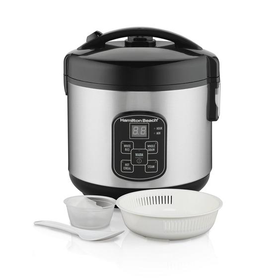 Imagem de Panela Elétrica Hamilton Beach Digital Programável 8 xícaras (4 não cozidas) - com Cesta de Vapor e Enxágue
