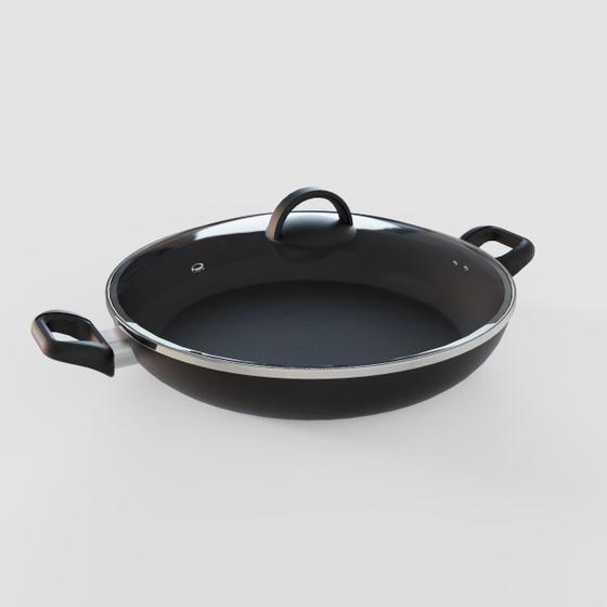 Imagem de Panela Frigideira Preta Wok 32cm 5 camadas Antiaderente com Tampa de Vidro - Ficone Decor