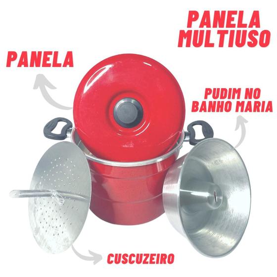 Imagem de Panela Multiuso Cuscuzeiro 3 Em 1 Banho Maria Forma Pudim Cuscuz Preto Vermelho Polido Envio Imediato
