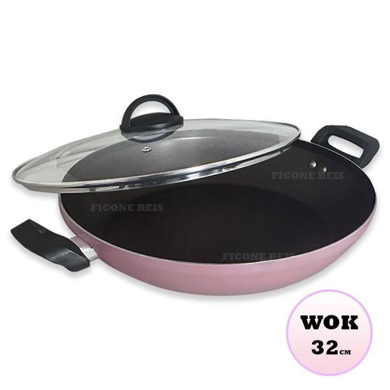 Panela Rosa Wok com Tampa de Vidro 32cm Menor preço em Panela Rosa Wok com Tampa de Vidro 32cm