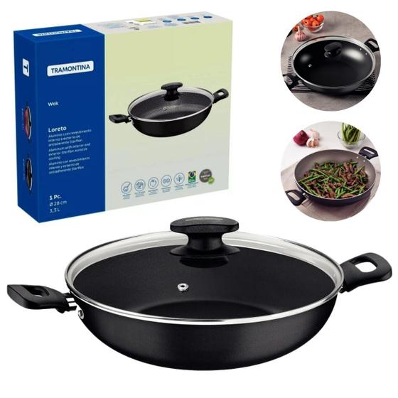 Imagem de Panela Tramontina Wok Loreto Antiaderente Tampa de Vidro 28 cm 3,3 Litros Frigideira Cozinha Preto Vermelho Prático