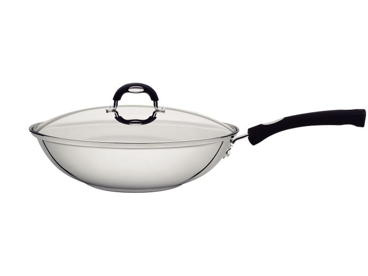 Imagem de Panela Wok Antiaderente Fundo triplo Tramontina Solar Silicone Inox 28cm