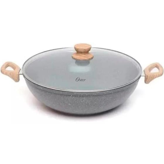 Imagem de Panela Wok com Tampa de 34 cm Oster Marble Edition Biocerâmica Fundo Indução Dark Grey