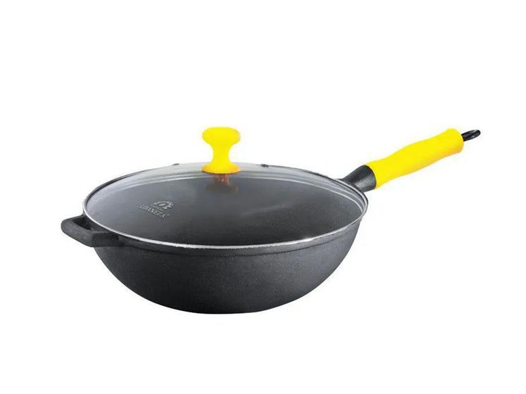 Imagem de Panela Wok Ferro Tampa Vidro cabo Silicone 28cm Amarela