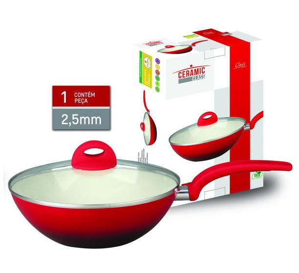 Imagem de Panela Wok Revestida com Revestimento Cerâmico Antiaderente Vermelha 28 cm com Cabo