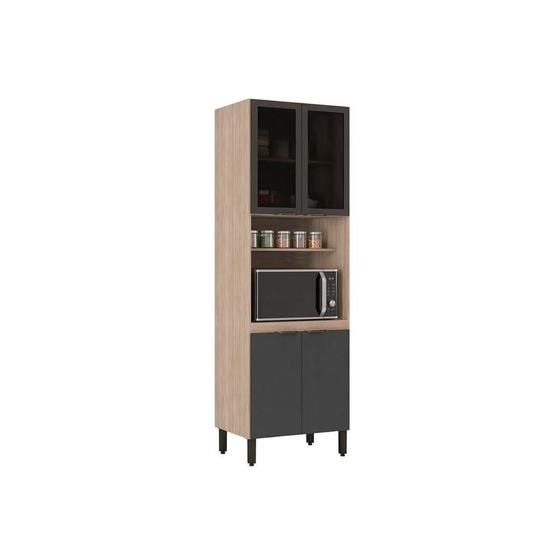 Imagem de Paneleiro de Cozinha Modulado Firenze Torre Quente Forno c/ Prateleira 4 Portas c/ 2Vidro 70x218cm Avena/Grafito - Demóbile