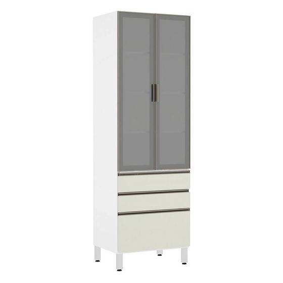 Imagem de Paneleiro Torre 70cm 2 Portas com Vidro Reflecta Prata 2 Gavetas 1 Gavetão Pérola Luciane Móveis