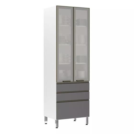 Imagem de Paneleiro Torre 70cm 2 Portas com Vidro Reflecta Prata 2 Gavetas 1 Gavetão Pérola Luciane Móveis