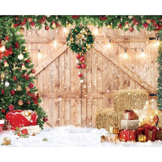 Imagem de Pano de fundo HABOKE Rustic Christmas Barn Porta de madeira 3x2,4m poliéster