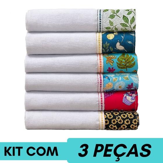Imagem de Pano De Prato Barrado Sortido Kit Com 3 Peças