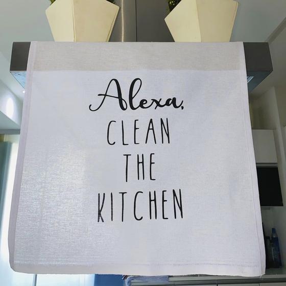 Imagem de Pano de Prato Copa Master Branco em Silk - Frase: Alexa Clean The Kitchen