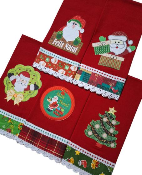 Imagem de Pano de Prato NATAL VERMELHO Bordado Patchwork Revenda Kit 5 unidades 