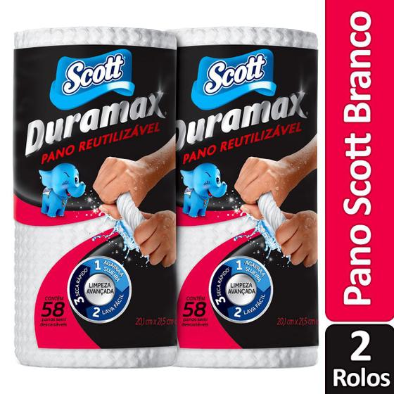 Imagem de Pano Reutilizável Scott Duramax Branco - Kit 2 Rolos Total 116 Unidades