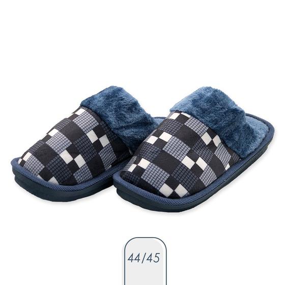 Imagem de Pantufa Adulto Peluciada Antiderrapante Xadrez Azul 44/45