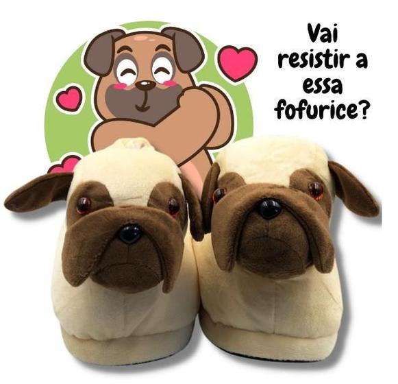 Imagem de Pantufa Infantil Adulto de Bichinho Cachorro Pug 3D Tamanho Único Unisex