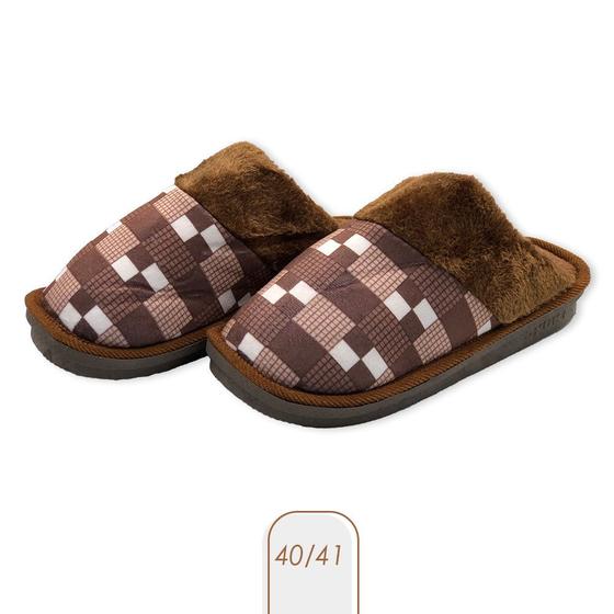 Imagem de Pantufa Masculina Xadrez Marrom 40/41