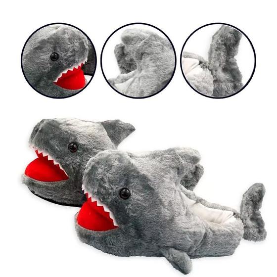 Imagem de Pantufa Tubarão Baby Shark Cinza Antiderrapante Menino Menina Inverno Criativa Tecido Adulto Confortável Quentinho