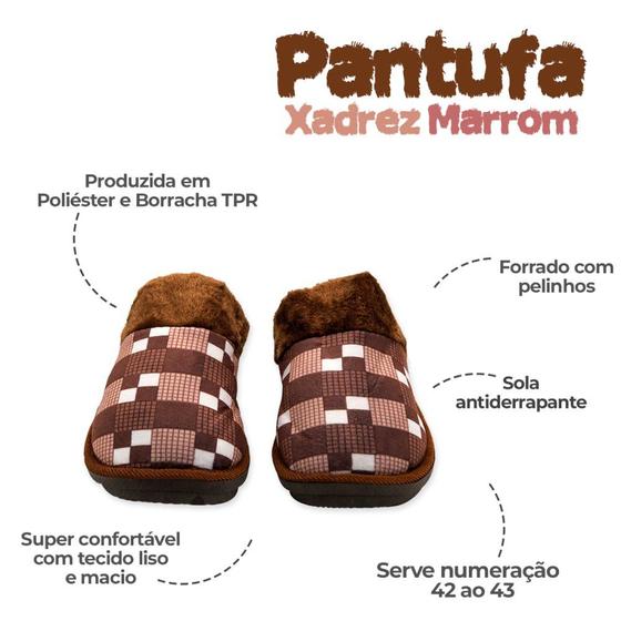 Imagem de Pantufa Xadrez Unisex Masculina Feminina Antiderrapante Chinelo De Quarto Pelúcia Confortável  Marrom 42/43