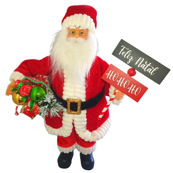 Imagem de Papai Noel Com Placa Feliz Natal Ho Ho Ho e Presentes 46cm - Saldão