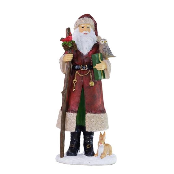 Imagem de Papai Noel Decorativo em resina cajado e coruja vermelho 30cm