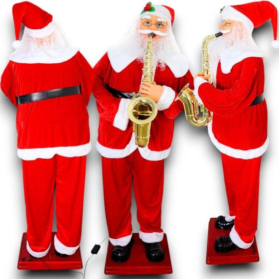 Imagem de Papai Noel Musical com Saxofone Bivolt 1,80m Luxo Tamanho Real Decoração Natalina Alto Padrão Dançante