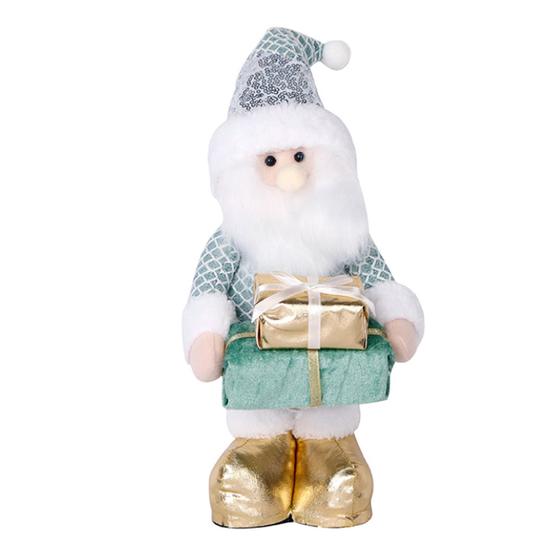 Imagem de Papai Noel Verde Dourado com Presente Brilho em Pé 30cm Decoração Premium Luxo Casa Natal