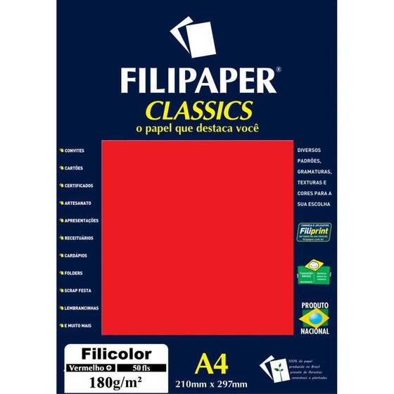 Imagem de Papel A4 Color Filicolor Vermelho 180G - Pacote com 50 Folhas