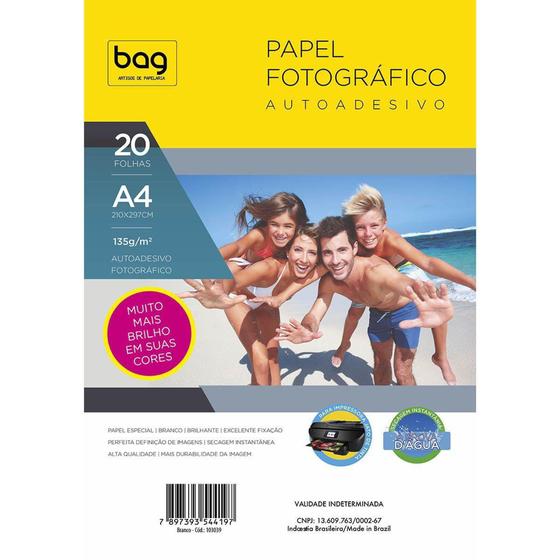 Imagem de Papel A4 Fotográfico Auto Adesivo Com 20 Folhas 135G Branco - Bag