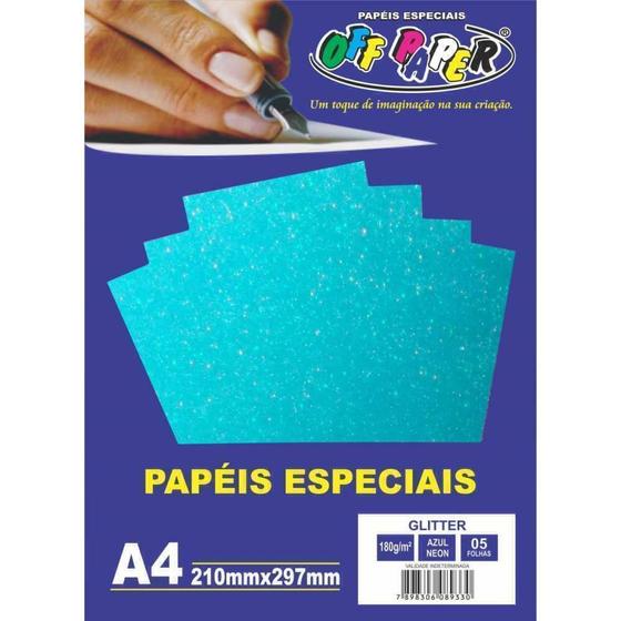 Imagem de Papel A4 Glitter Azul Neon 180g. 05 folhas - Off Paper