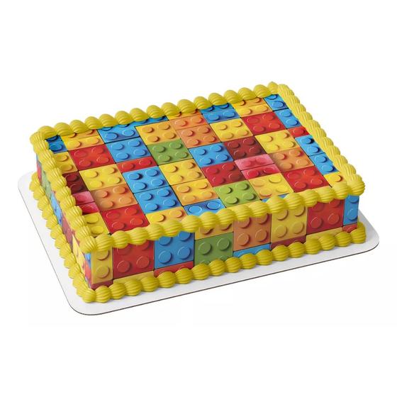 Imagem de Papel arroz e faixa lateral comestível para bolo festa aniversário comemoração surpresa tema blocos de montar