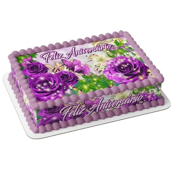 Imagem de Papel arroz e faixa para bolo flores floral estampa feliz aniversário lilás