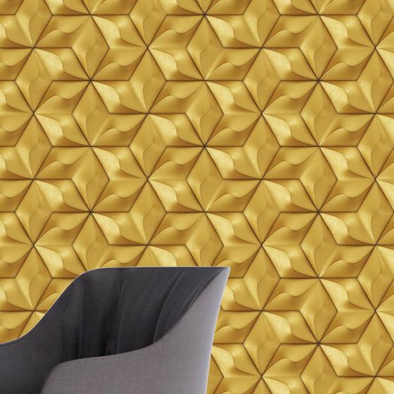 Imagem de Papel de Parede 3D Auto Adesivo Geométrico Hexagono Ondas Douradas Decorativas Lavavel Quarto 3m