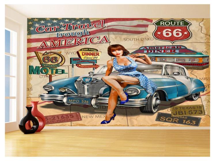 Imagem de Papel De Parede 3D Carro Antigo Hot Rod Pin Up 3,5M Cxr93