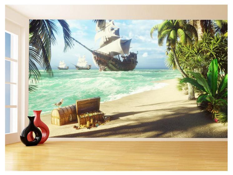 Imagem de Papel De Parede 3D Coqueiros Praia Navio Pirata 3,5M Npr303