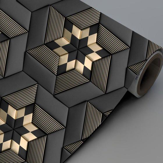 Imagem de Papel de Parede 3D Hexágonos em Tons de Cinza e Dourado 2,50 Metros  Sala Quarto Escritório