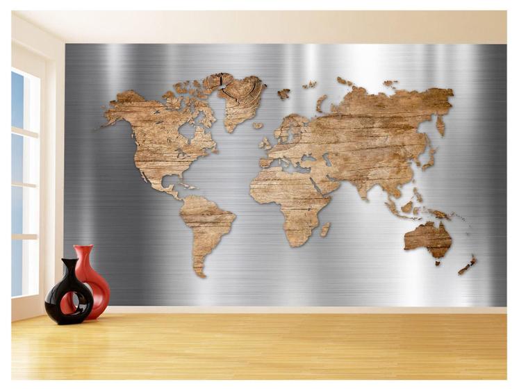 Imagem de Papel De Parede 3D Mapa Mundi Aço Escovado Wood 3,5M Nmu64