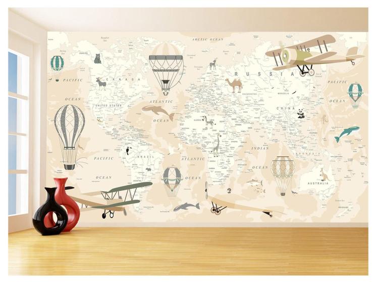 Imagem de Papel De Parede 3D Mapa Mundi Kids Avião Balão 3,5M Nmu91