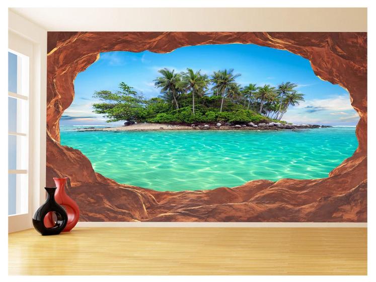 Imagem de Papel De Parede 3D Praia Mar Caverna Pedras Céu 3,5M Npr294