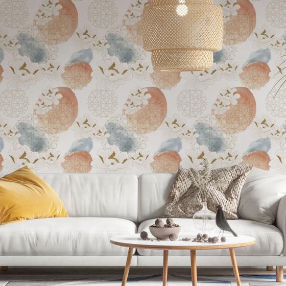 Imagem de Papel de Parede Adesivo Abstrato Floral Delicado Lineart Dourado Azul Laranja Moderno Quarto Sala de Estar