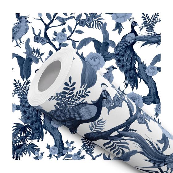Imagem de Papel de Parede Adesivo Azul Marinho Branco Pavão Moderno Quarto Sala de Estar