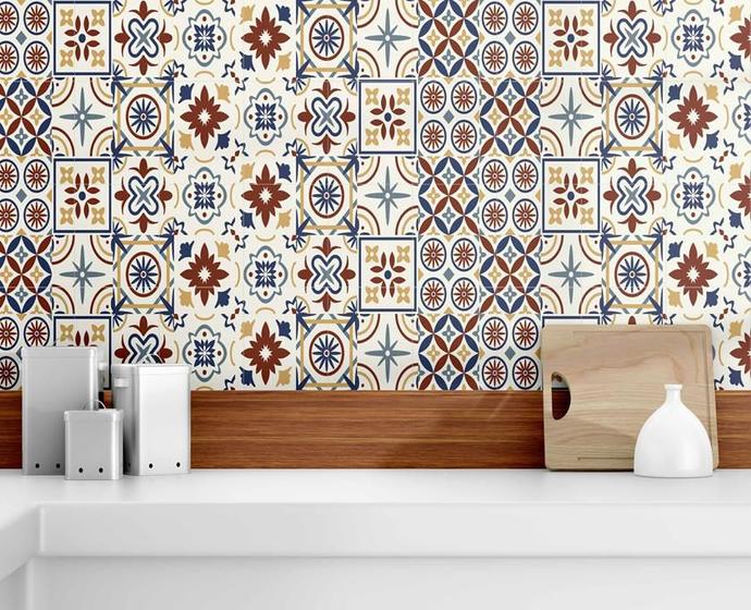 Imagem de Papel de parede Adesivo Azulejo Decorativo Vermelho/Bege