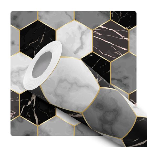 Imagem de Papel de Parede Adesivo Azulejo Hexágono Preto Cinza Dourado Cozinha Banheiro Lavabo Moderno 10m