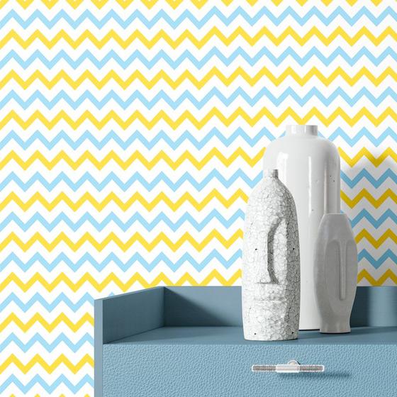 Imagem de Papel de Parede Adesivo Chevron Zig Zag Azul e Amarelo Lavável