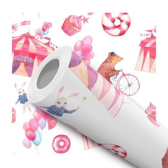 Imagem de Papel de Parede Adesivo Circo infantil Rosa Urso Bicicleta Moderno Quarto 