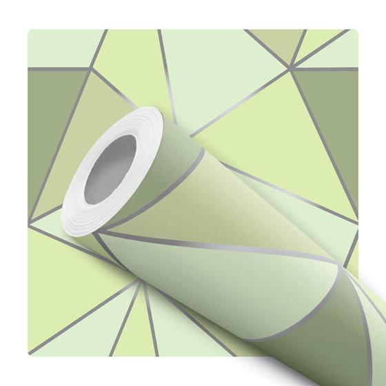 Imagem de Papel de Parede Adesivo Geométrico Triangular Verde Prata Moderno Quarto Sala de Estar