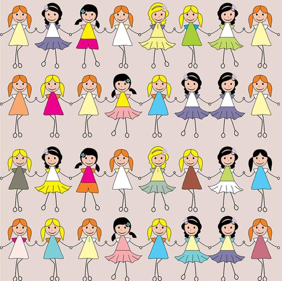Imagem de Papel de Parede Adesivo Infantil Bonecas Barbie Juntas Coloridas Moda Fundo Neutro - REF:DPIN45