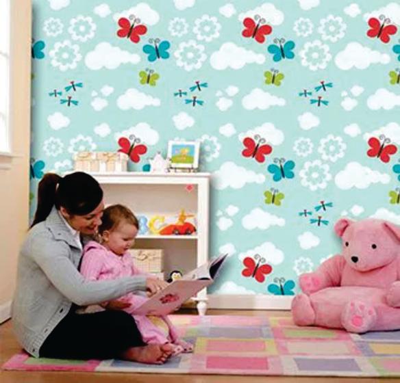 Imagem de Papel de parede adesivo infantil borboleta e nuvem ( med. 90x300 cm)